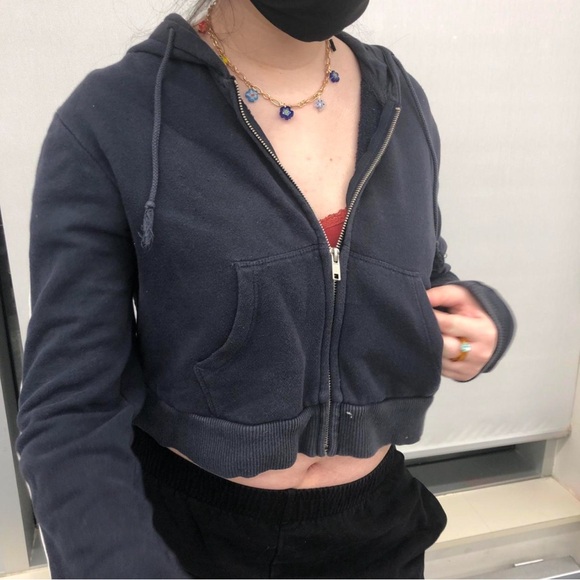 Brandy Melville Navy Blue Cropped Zip-up Hoodie w/ stripes on sleeves - Picture 8 of 10